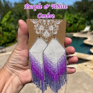 Handmade Beaded Long Sexy Fringe Dangle Drop Purple Ombre Boho Silver Earrings